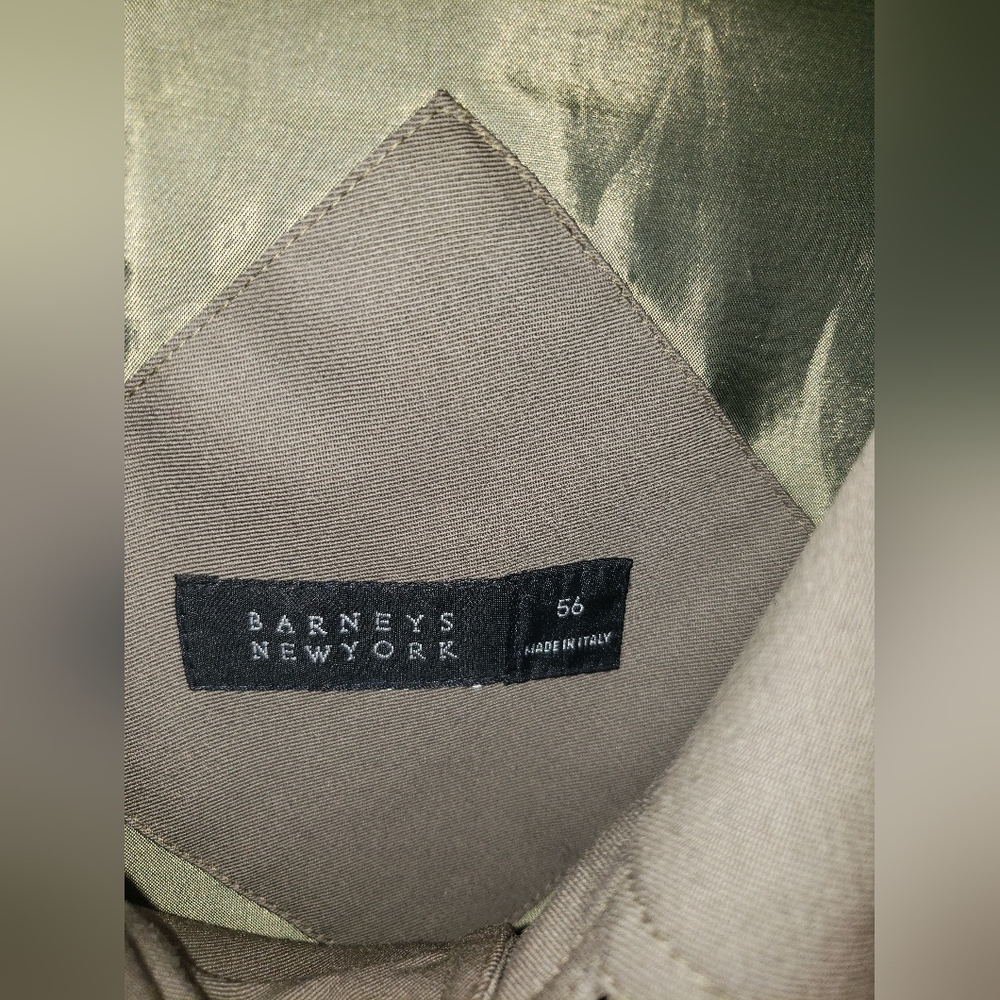 vtg. Barneys New York olive green quilted wool lined trench leather buckle coat